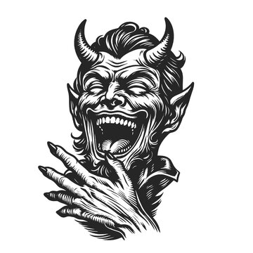 Devil devilish figure laughing with horns and a mischievous expression sketch engraving generative ai fictional character raster illustration. Scratch board imitation. Black and white image.