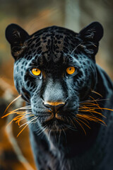Close up of black leopard with yellow eyes.
