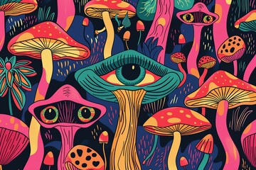 abstraction painting of a mushroom with eye psychedelic 70 80 year vibe