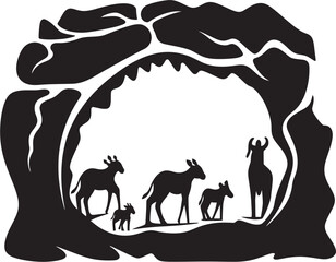 Stone Carved Stories Vector Logo of Primitive Cave Paintings Paleolithic Impressions Cave Painting Emblem Graphic Design