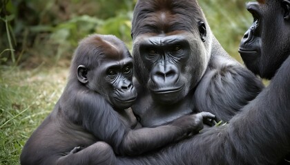 Fototapeta na wymiar A Mother Gorilla Gently Grooming Her Babys Fur Wi 2