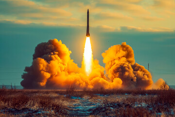 Rocket shoots off into space with smoke trailing it. - obrazy, fototapety, plakaty