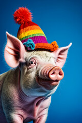 Pig with colorful hat on its head.