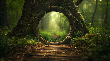 Mystical Elven Gateway Leading to a Fantasy Forest Realm. - obrazy, fototapety, plakaty