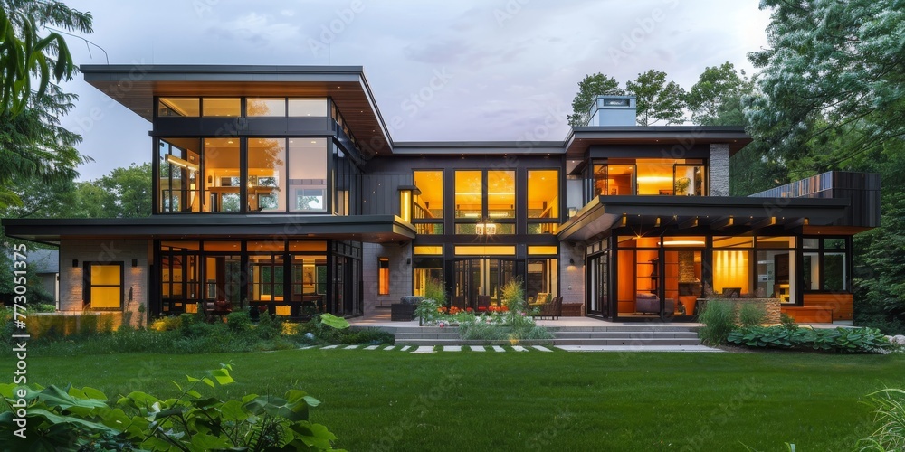 Poster A large house with a white exterior and a green lawn