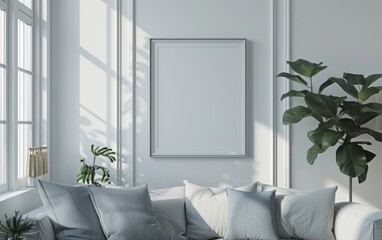 Mockup frame close up in coastal style home interior background, 3d render