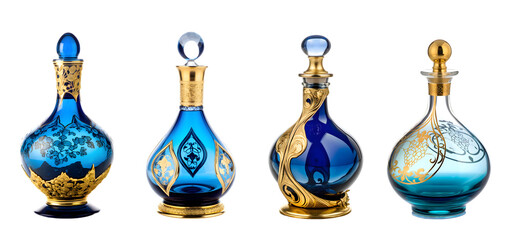 Beautiful Art Nouveau glass decanter made of blue glass with gold decorations. Set of decorative glass carafes on the transparent background. - obrazy, fototapety, plakaty