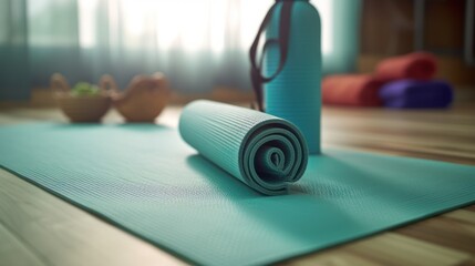 Yoga mat, strap, towel and drinking tube on parquiet floor. Equipment for yoga - obrazy, fototapety, plakaty