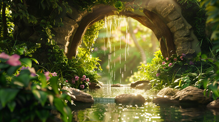 Fototapeta na wymiar Garden Gateway with Enchanted Fountain and Sparkling Waters.
