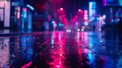 Neon lights reflecting on wet streets at night. Cyberpunk background. - obrazy, fototapety, plakaty