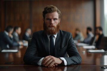 poise of a young bearded businessman sitting on a desk in a corporate boardroom, with a gently blurred background of meeting participants engaged in discussion, signaling leadershi