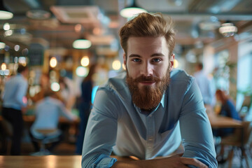 engaging photo of the confidence of a young bearded businessman posing on a desk in a startup office, with a blurred background of energetic employees collaborating and brainstormi