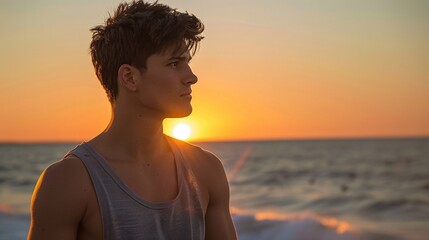 Sunset Selfie A Young Man Captures the Moment in a Tank Top Generative AI