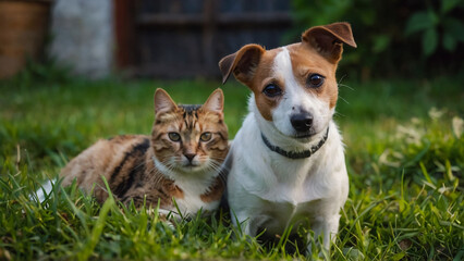 cute fluffy friends a cat and a dog in a sunny summer garden
