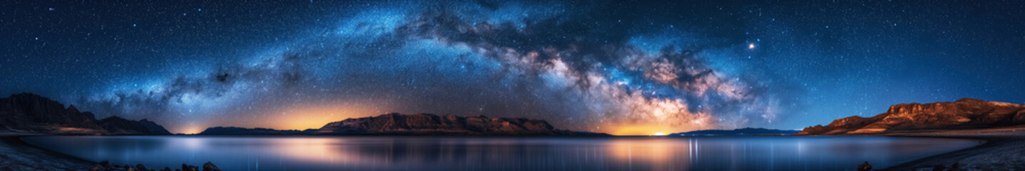 panorama landscape with milky way in a blue night starry sky against background of lake water and mountains - obrazy, fototapety, plakaty