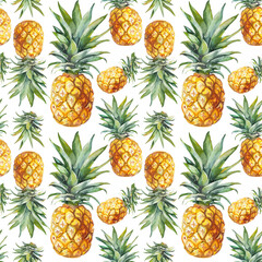 tropical watercolor seamless pineapple fruit pattern on white background