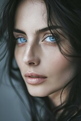 Fototapeta premium Portrait of a beautiful Italian woman in her 30s, with detailed features that include black hair and captivating blue eyes. The focus is on her face, 
