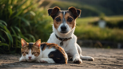 Obraz premium cute fluffy friends a cat and a dog in a sunny summer garden