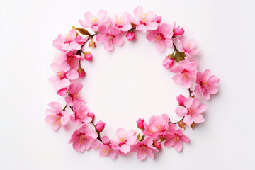 beautiful floral flat lay composition, wreath of pink flowers on a white background top view