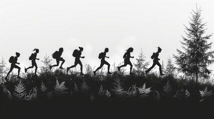 Black silhouettes of a person overcoming an obstacle. An obstacle race symbol. Modern illustration.