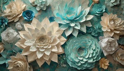 Luxurious Teal and Beige Paper Flower Wall