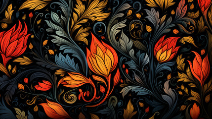 Vintage wallpaper, white, red flowers on black background. Design for print, cover, banner and invitation. Floral , creative nature minimalistic summer abstract  backdrop