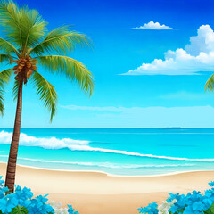 Fototapeta na wymiar Illustration of a beautiful beach with palm trees and a view of the azure blue ocean.