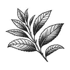 tea branch leaf sketch line art engraving generative ai raster illustration. Scratch board imitation. Black and white image.