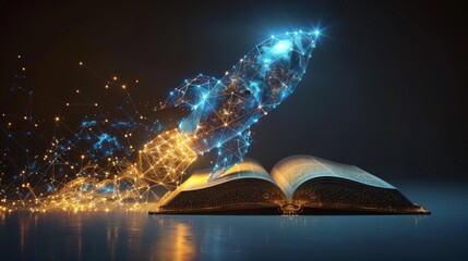 The open book and the flying rocket represent stars and planets. Features low poly design. Abstract geometric background. Light connection wireframe structure. Modern 3D graphic concept. Isolated