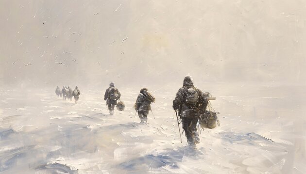 Winter Walkers A Group of People Crossing a Snowy Path Generative AI