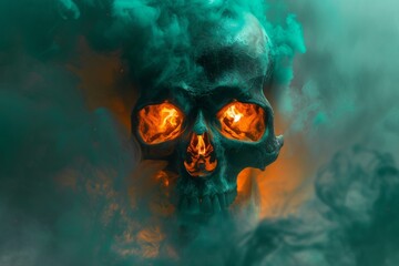 skull burns smoke night horror fear - obrazy, fototapety, plakaty