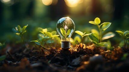 a light bulb with a plant growing out of it - obrazy, fototapety, plakaty