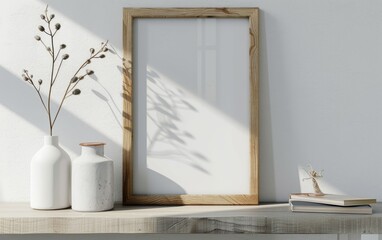 Mockup frame close up in coastal style home interior background, 3d render