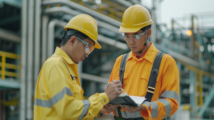 Focused Inspection: Asian Workers in Safety Gear Patrolling with Meticulous Attention