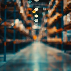 Blurred Warehouse Shelves with Bokeh Effect for Abstract Background or Header - obrazy, fototapety, plakaty