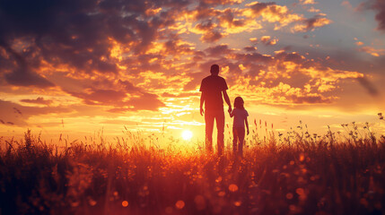 Father and son walking in sunset field, lifestyle, silhouette, child, dusk