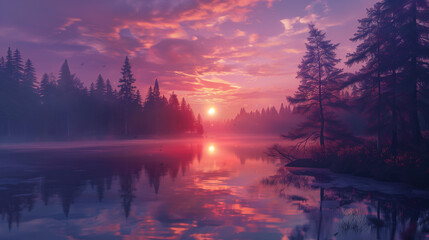 Sunset over lake, dawn, sunlight, water, reflection - obrazy, fototapety, plakaty