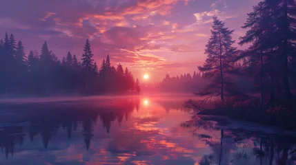 Foto op Plexiglas Sunset over lake, dawn, sunlight, water, reflection © antkevyv