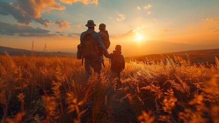 Family walking and playing together in a scenic garden, with a beautiful sunset in the background and a feeling of fun and enjoyment - obrazy, fototapety, plakaty