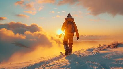 Man on snowboard at sunset, winter, sunlight, sunrise, dawn - obrazy, fototapety, plakaty