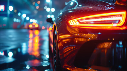 Car at night, illuminated, mode of transport, reflection, motion - obrazy, fototapety, plakaty