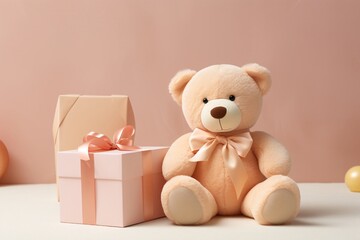 a teddy bear next to a gift box