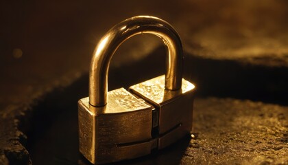 Golden padlock with a broken shackle rests on a gritty surface, illuminated by a warm, dark light, symbolizing broken security.