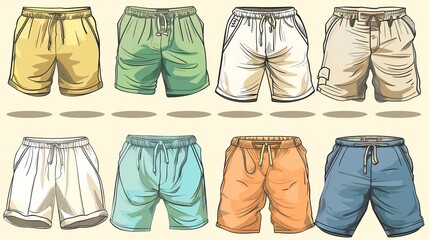A collection of flat sketches depicting men's shorts with an elastic waist and drawstring, presented in vector format