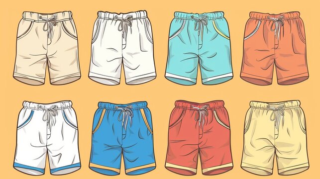 A collection of flat sketches depicting men's shorts with an elastic waist and drawstring, presented in vector format