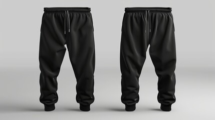 A mockup of blank black men's pants, shown from the front and side in a 3D rendering, depicting a simple loungewear design - obrazy, fototapety, plakaty