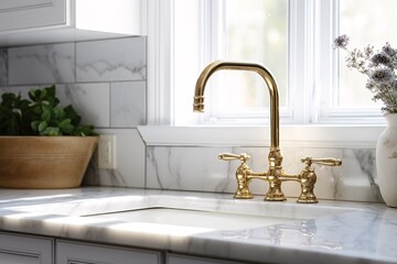 a gold faucet on a marble countertop - obrazy, fototapety, plakaty