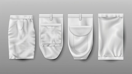 A realistic set of white pocket templates, designed for use on various garments like clothes and bags, presented against a transparent background - obrazy, fototapety, plakaty