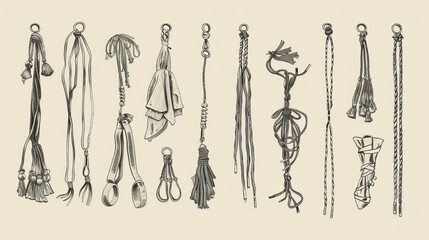 A set of flat sketches showing various drawstring cord designs with aglets, suitable for use in waistbands, bags, shoes, and other garments - obrazy, fototapety, plakaty