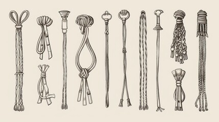 A set of flat sketches showing various drawstring cord designs with aglets, suitable for use in waistbands, bags, shoes, and other garments